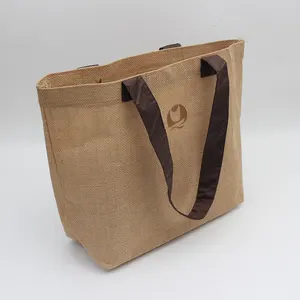 50*50 Экологически чистая коричневая Льняная сумка-тоут, водонепроницаемая сумка для покупок с вышитым логотипом, сумка-тоут для покупок, Джутовая сумка