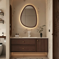Ensemble de meuble-lavabo de salle de bain de style mi-ancien, couleur noyer, lavabo intégré en pierre frittée thermoformée, personnalisable