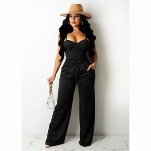 Completo <span class=keywords><strong>Due</strong></span> Pezzi da Donna: Top a Canotta e Pantaloni a Vita Alta con Coulisse, Gamba Larga, in Misto Poliestere, Personalizzabile con Logo, OEM ODM, Vendita all'Ingrosso, Consegna Rapida - Product Image 2