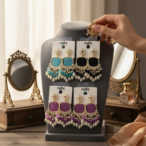 Boucles d'oreilles pendantes en pierres Kundan noires et perles de Jewelemarket - Product Image 3