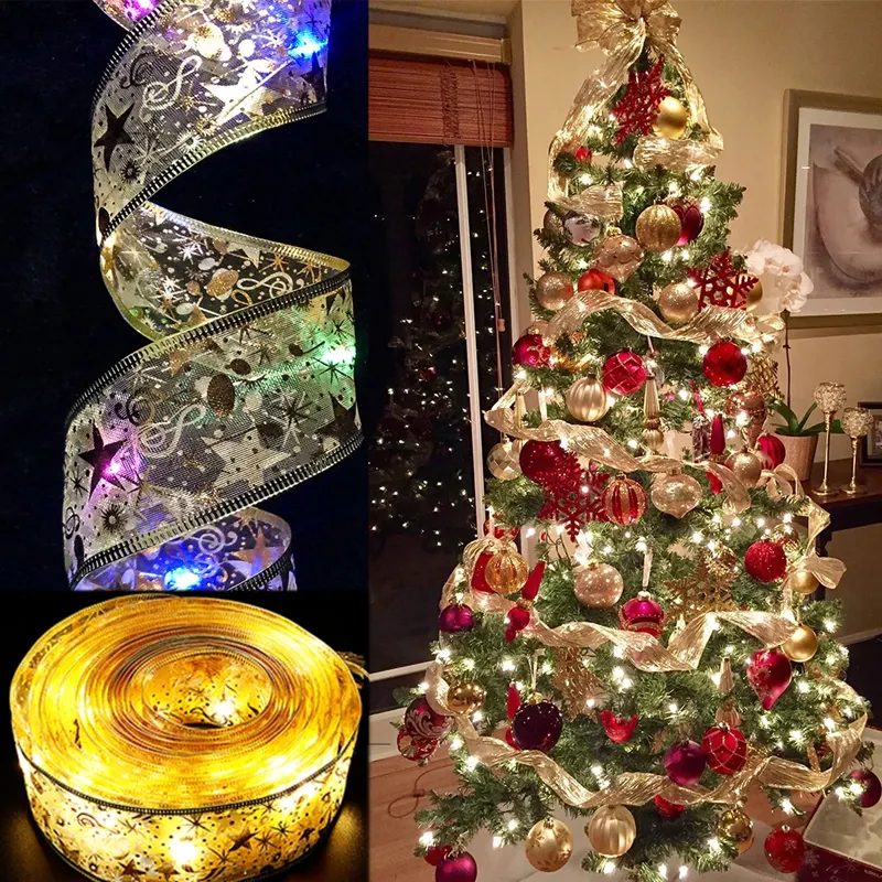 50 LED 5M Double Layer Fairy Lights Strings Christmas Ribbon Bows With LED Christmas Tree Ornaments New Year Navidad Home Decor