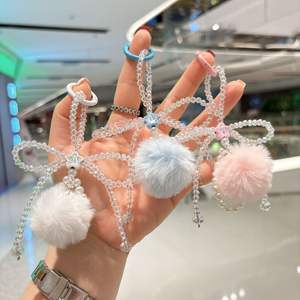 Nouveau sac à main en peluche avec pendentif boule, double bouton, perles de cristal, nœud, <span class=keywords><strong>cordon</strong></span> pour téléphone portable, automne-hiver - Product Image 2