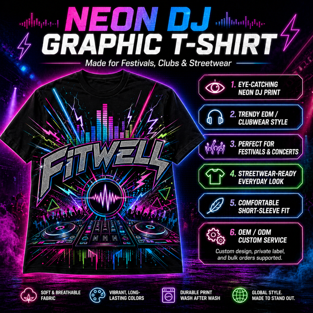 Custom Black Neon DJ Graphic T Shirt with Bling Logo Effect for Streetwear Brand Wholesale