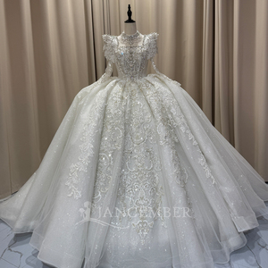 Mc069 Elegant High Neck Puff Sleeve Crystal Beaded Lace Applique Glitter Tulle Ball Gown Wedding <b>Dress</b> For Bride Jancember - Product Image 2