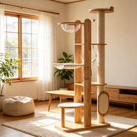 Arbre à chat SkyTower 183 cm extra haut en bois d'hévéa avec lit, capsule en acrylique transparent, hamac en tissu, griffoir en sisal et perchoirs multi-niveaux