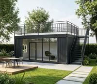 Maison modulaire avec terrasse sur le toit, café préfabriqué, maison d'hôtes, maison de loisirs, façade entièrement vitrée, escalier extérieur, maison modulaire avec terrasse sur le toit