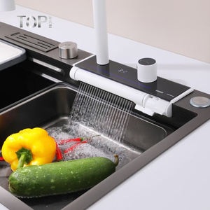 Robinet de cuisine moderne blanc effet cascade, monocommande, raccords flexibles, durable, douchette extractible rotative à jet pluie, finition brossée - Product Image 4