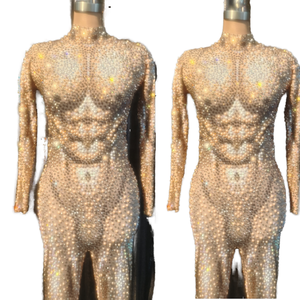Mono brillante de una pieza para hombre, Sexy, de manga larga, con diamantes de imitación dorados, trajes de <span class=keywords><strong>Stripper</strong></span> para hombre, mono de leotardo de baile para actuación - Product Image 1
