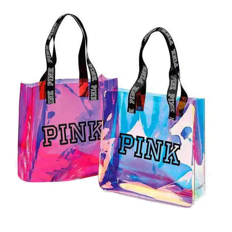 Fabricantes de cosméticos bolsa de PVC con el logotipo de plástico por encargo Material Tipo Pvc Plástico Rosa Compras Pvc Big Bag