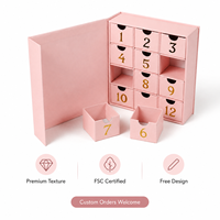 Boîte de calendrier de l'avent avec logo personnalisé, 12 tiroirs, tirette en ruban, laminage mat, doublure en éponge, emballage cadeau cosmétique
