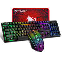 Clavier et souris de jeu T-WOLF TF31 3-en-1 avec tapis de souris, clavier filaire rétroéclairé LED 104 touches, souris pour ordinateur portable, ordinateur de bureau