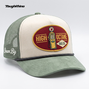 Cappellino da camionista personalizzato di alta qualità, effetto camoscio, con cordino e patch vintage da stazione di servizio, retro in rete, visiera curva, OEM, all'ingrosso - Product Image 1
