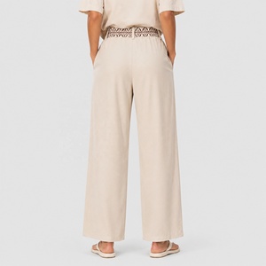 <span class=keywords><strong>Pantaloni</strong></span> Larghi Boho <span class=keywords><strong>Beige</strong></span> da <span class=keywords><strong>Donna</strong></span> con Dettaglio Ricamato in Vita, Vita Alta, Effetto <span class=keywords><strong>Lino</strong></span> Fluido, <span class=keywords><strong>Pantaloni</strong></span> Estivi da Spiaggia - Product Image 2