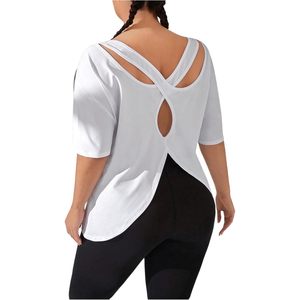 FOXA Women's Plus Size Cut Out Criss <b>Cross</b> Back Tee Short Sleeve Crew Neck Athletic Workout <b>Top</b> - Product Image 1