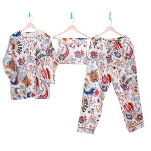 Conjunto de Pijama de Algodón con Estampado Floral para Mujer, Manga Larga, Cuello Redondo, Pantalones con Cordón, Ropa de Dormir Informal de Verano, Tejido de Longitud Completa - Product Image 1