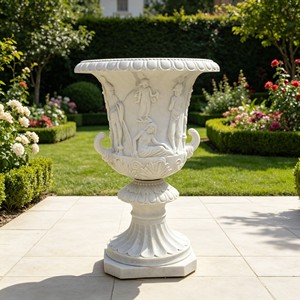 Urna in Marmo Classica Francese con Rilievi di <span class=keywords><strong>Frutta</strong></span> e Figure, Fioriera in Pietra Bianca per Decorazioni di Lusso in Giardini e Club - Product Image 2