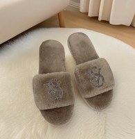 Chaussons fourrés à bout ouvert pour femmes, avec strass scintillants, chauds et doux, en peluche, pour l'intérieur