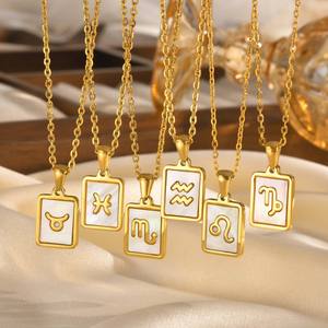 Twelve <b>Constellation</b> Shell Inlaid 18K Gold Pendant Stainless Steel <b>Necklace</b> For Daily Wear Gift - Product Image 3