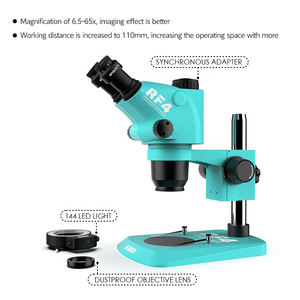 <span class=keywords><strong>Microscope</strong></span> stéréoscopique trinoculaire à <span class=keywords><strong>zoom</strong></span> synchrone RF6565TV 6,5X à 65X avec éclairage LED 144 pour téléphone, bijoux, soudure - Product Image 4