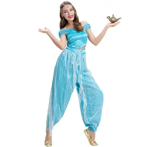 Hot Sale Aladdin e a Lâmpada Mágica Jasmine Cosplay Traje Azul Vestido Halloween Mulher Adulta