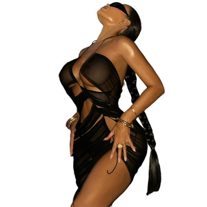 Abito da Club da donna Sexy estivo senza maniche corda sottile cava asimmetrica trasparente abito Slim Abercrombie - Product Image 1