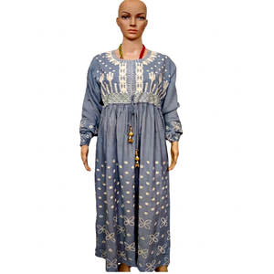 Traditional Modest Muslim Plus Size Breathable Cotton Jalabiya <b>Dress</b> Colorful Floral Print Decorative Neckline Matching Hijab - Product Image 1