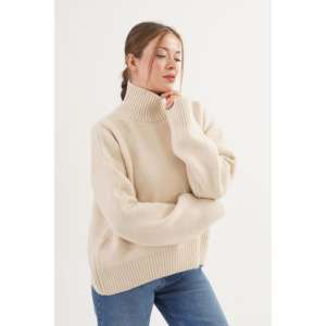 Soft Beige Half <b>Turtleneck</b> Knit Sweater <b>Women</b> Casual Full Sleeve <b>Top</b> - Product Image 3