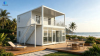 Villa préfabriquée à deux étages en panneaux sandwichs plats intégrés, grandes fenêtres en verre, balcon, design moderne pour usage bureautique ou résidentiel