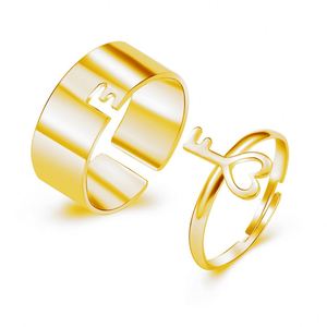 2pcs /set Gold <b>Silver</b> Plated Hollow Out Key Lock Couple <b>Ring</b> for Men Women Couples <b>Adjustable</b> Opening Puzzle <b>Rings</b> - Product Image 1