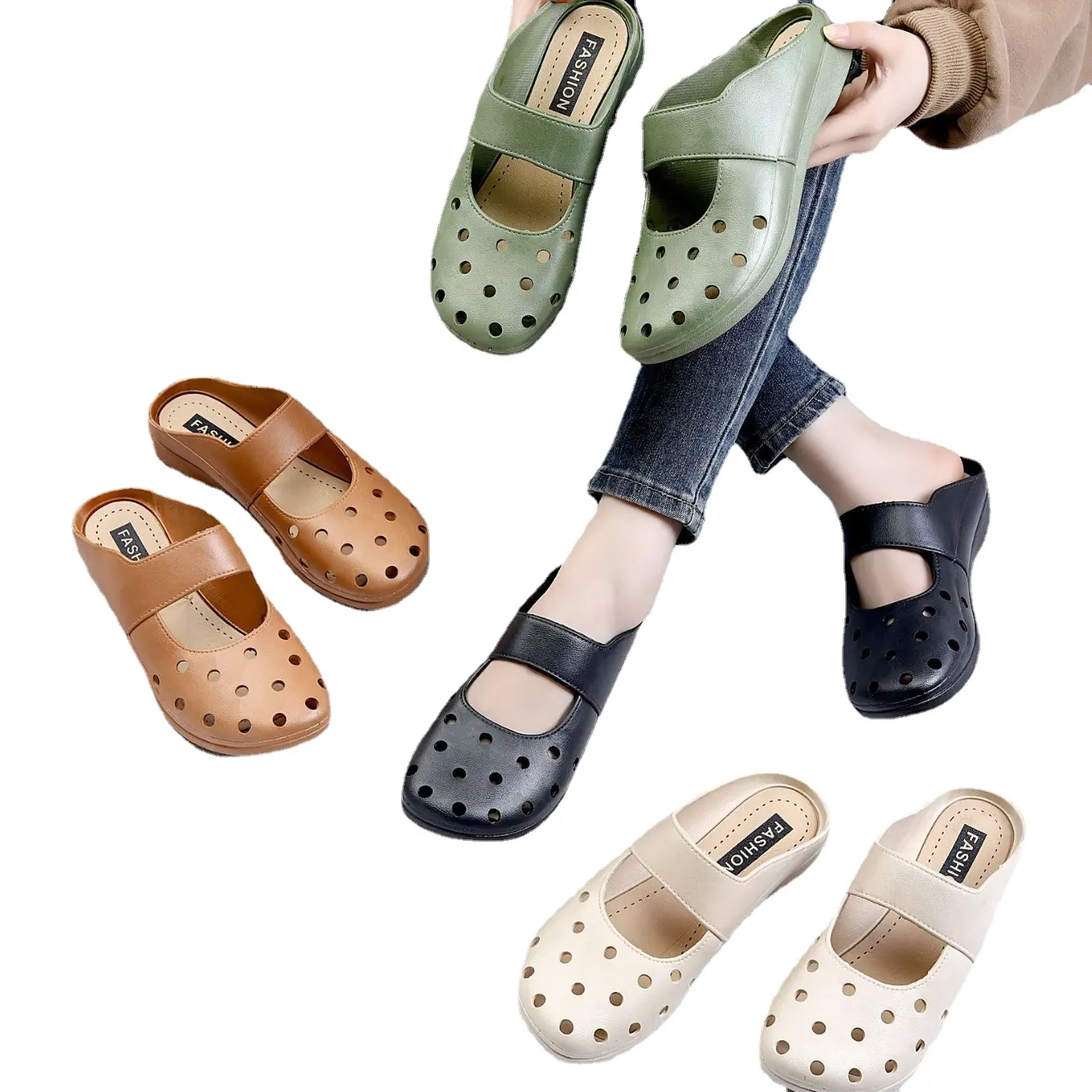 Nuevas zapatillas de moda con punta cerrada, zapatos con agujeros huecos para mujer, medias zapatillas informales de tacón plano para exteriores