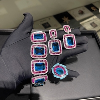 Perhiasan TIANSHE Grace Unik Mewah Berkualitas Tinggi Set 3pcs Gelang Anting Cincin Kristal Zirkon Biru Kuningan