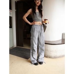 Pantaloni <span class=keywords><strong>Cargo</strong></span> da <span class=keywords><strong>Donna</strong></span> Autunnali, Stile Parachute, Larghi, Effetto Usurato, con Stampa, Vita Media, Gamba Larga, Multitasche, Casual, per Uso Quotidiano, Stile Hip Hop - Product Image 2