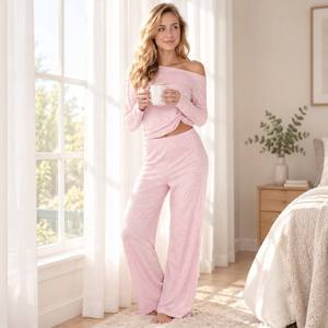 <b>Women's</b> <b>Sleep</b> <b>Lounge</b> Off Shoulder Asymmetrical Solid Color Modal Long Sleeve Top Pants Breathable Pajamas Custom logo Factory - Product Image 5