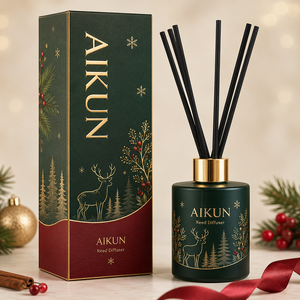 Aikun Forest Green Cylindrical Glass Black Fiber Reed Gold Collar Boxed Home Fragrance Christmas Reed <b>Diffuser</b> for Holiday Gifts - Product Image 1