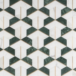 Polished White Carrara and Verde Affai Marble and Brass <strong>Mosaic</strong> Kitchen Backsplash Thassos White with Mother of Pearl <strong>Mosaic</strong> - Product Image 3