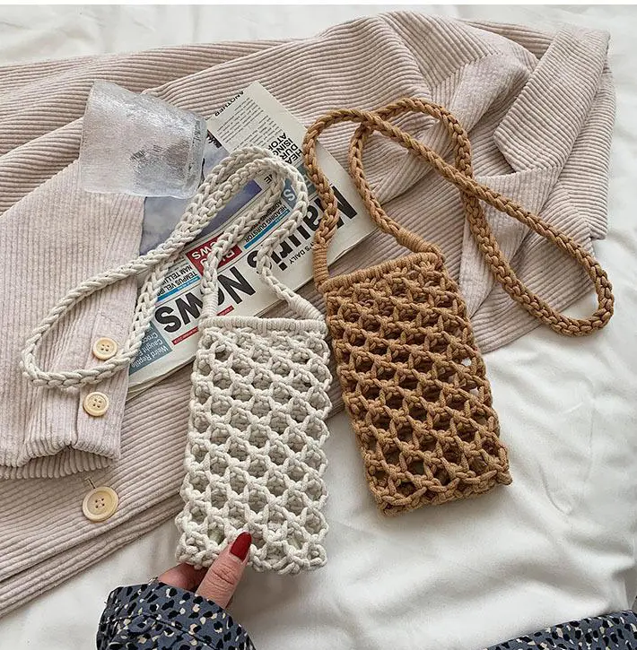 女性手織り携帯電話ポーチバッグケース、サマービーチ織り手作り電話バッグ、クロスボディ電話バッグ