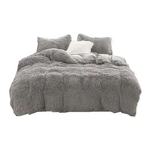 Sang Trọng Mùa Đông Ấm Áp Dài Sang Trọng 3 Mảnh Thiết Lập Grey Fluffy Faux Fur Duvet Cover Set Với Lông Thú Vỏ Gối