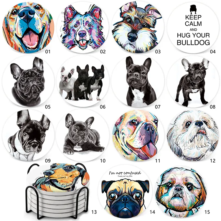 Ceramic Coasters Cute Dog Animal Pattern Absorbent With Cork For Drink Custom Sublimation Coasters Set Holder Blank for Print