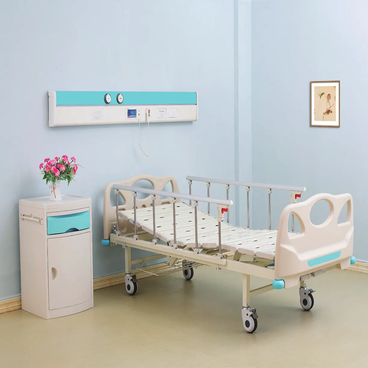 Furnitur rumah sakit, tempat tidur pasien dua fungsi ruang perawatan medis ICU 2 engkol tempat tidur rumah sakit Manual untuk pasien
