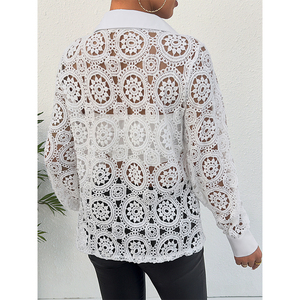 Bestseller 2024 Frühling Sommer Damen Spitzen-V-Ausschnitt-Blusen Ausgehöhlte Langarm-Damenbluse - Product Image 5