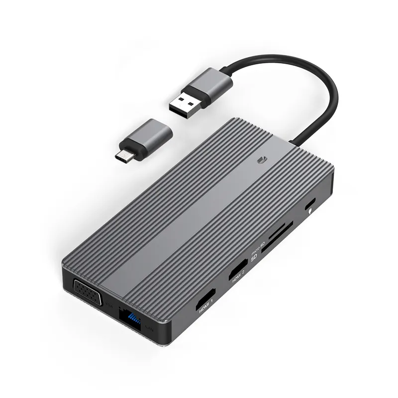 ฮับ Usb แบบพกพา11 In 1พร้อมจอคู่,Hd-Mi 2K 1080P VGA จอแสดงผลสามจอสถานีเชื่อมต่อ Usb แบบสากล