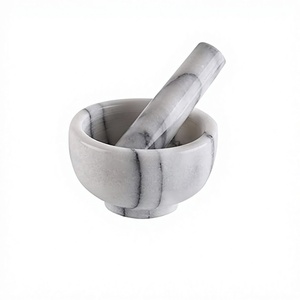 Mortier et pilon en marbre blanc pour écraser et broyer, forme ronde, ustensile de cuisine Imam Dasta. - Product Image 1
