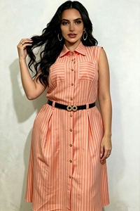 Robe chemise boutonnée sans manches à rayures imprimées pour femme avec ceinture, robe de bureau décontractée respirante et ajustée à la taille - Product Image 2