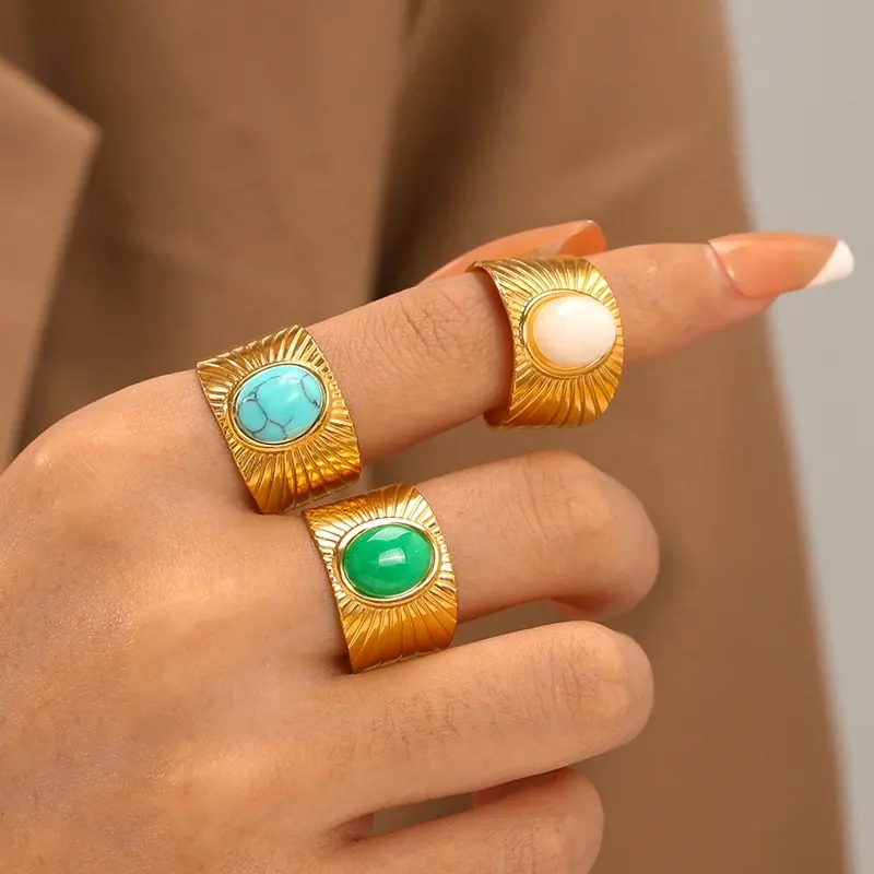 Cincin Terbuka Emas 18K Baja Tahan Karat Tahan Air Perhiasan Emas Wanita Cincin Batu Giok Turquoise Alami