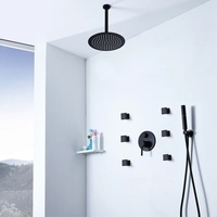 Ensemble de douche thermostatique encastré au plafond en laiton noir mat, avec pommeau de pluie rond de 8 pouces et 6 jets de pulvérisation latéraux pour salle de bain