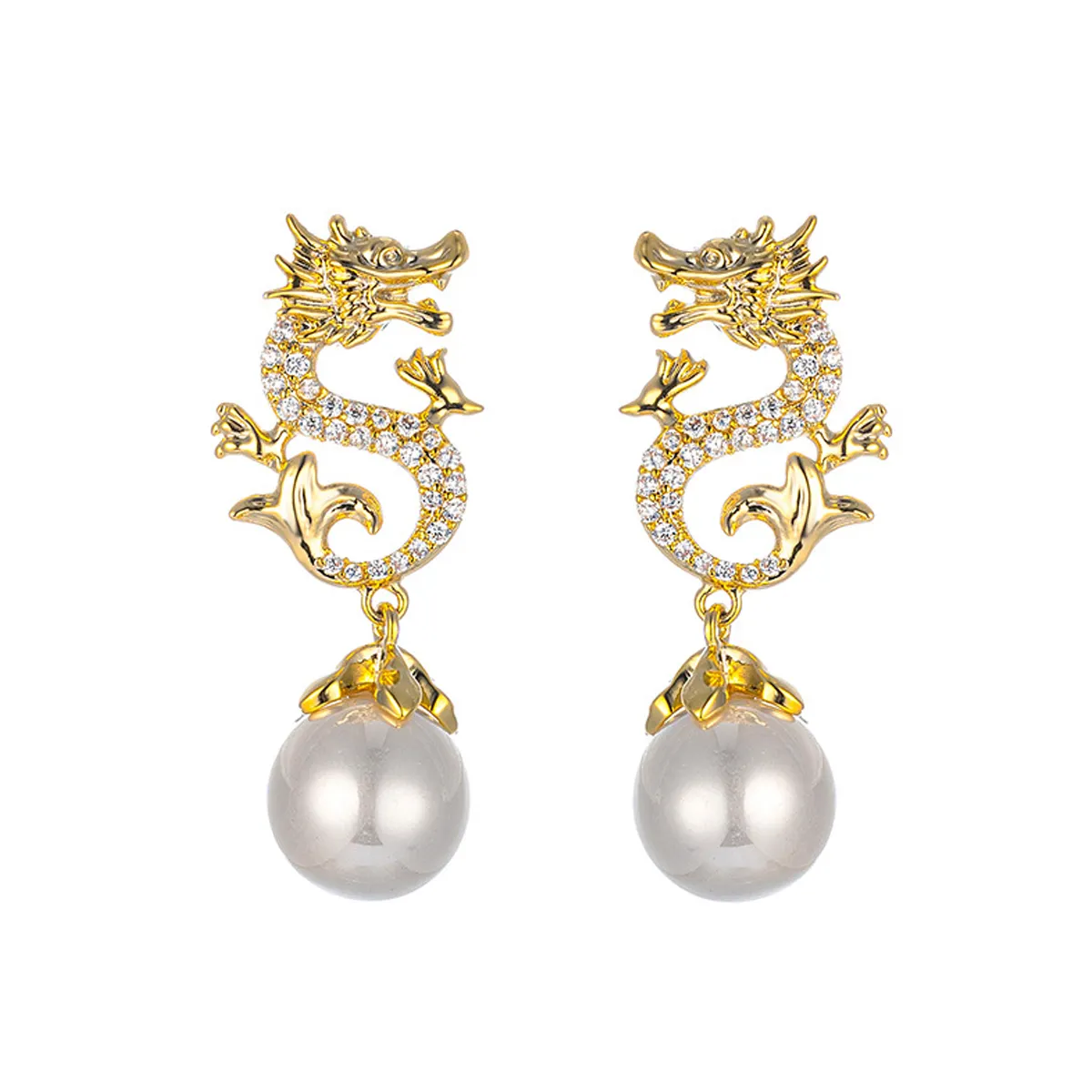 Zircon Luxury Twelve Chinese Zodiac Signs Dragon Pearl Drop Earring For Women