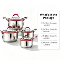 Ensemble de casseroles en acier inoxydable écologiques modernes, avec accents rouges, couvercle en verre, sans revêtement, passe au lave-vaisselle, pour la cuisine à domicile