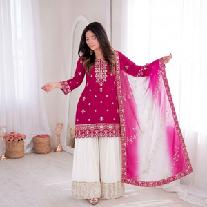 Ensemble Anarkali traditionnel indien pakistanais pour femmes, rose, brodé, avec dupatta, vêtements de mariage, coupe ample, en coton - Product Image 1
