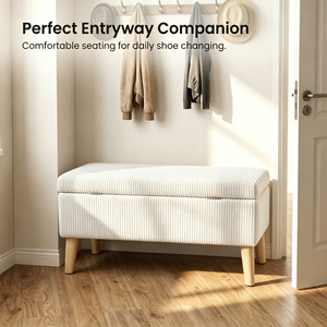 Panca contenitore in velluto a coste beige oliva, larga 32 pollici, con gambe in legno, coperchio ribaltabile e imbottitura morbida, per fondo letto - Product Image 5