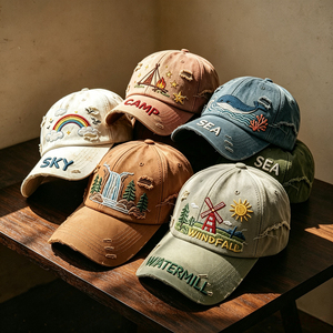Custom Embroidery Logo High Quality Vintage Denim <strong>Baseball</strong> <strong>Cap</strong> 6 Panel Curved Brim Distressed Washed Cotton Sport Dad Hats - Product Image 2